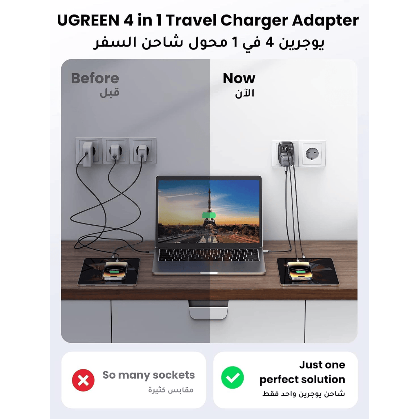 15290| UGREEN - Outlet Extender Converter (1 AC Outlets+30W 2A1C) EU Socket and UK Plug - متجر نصر