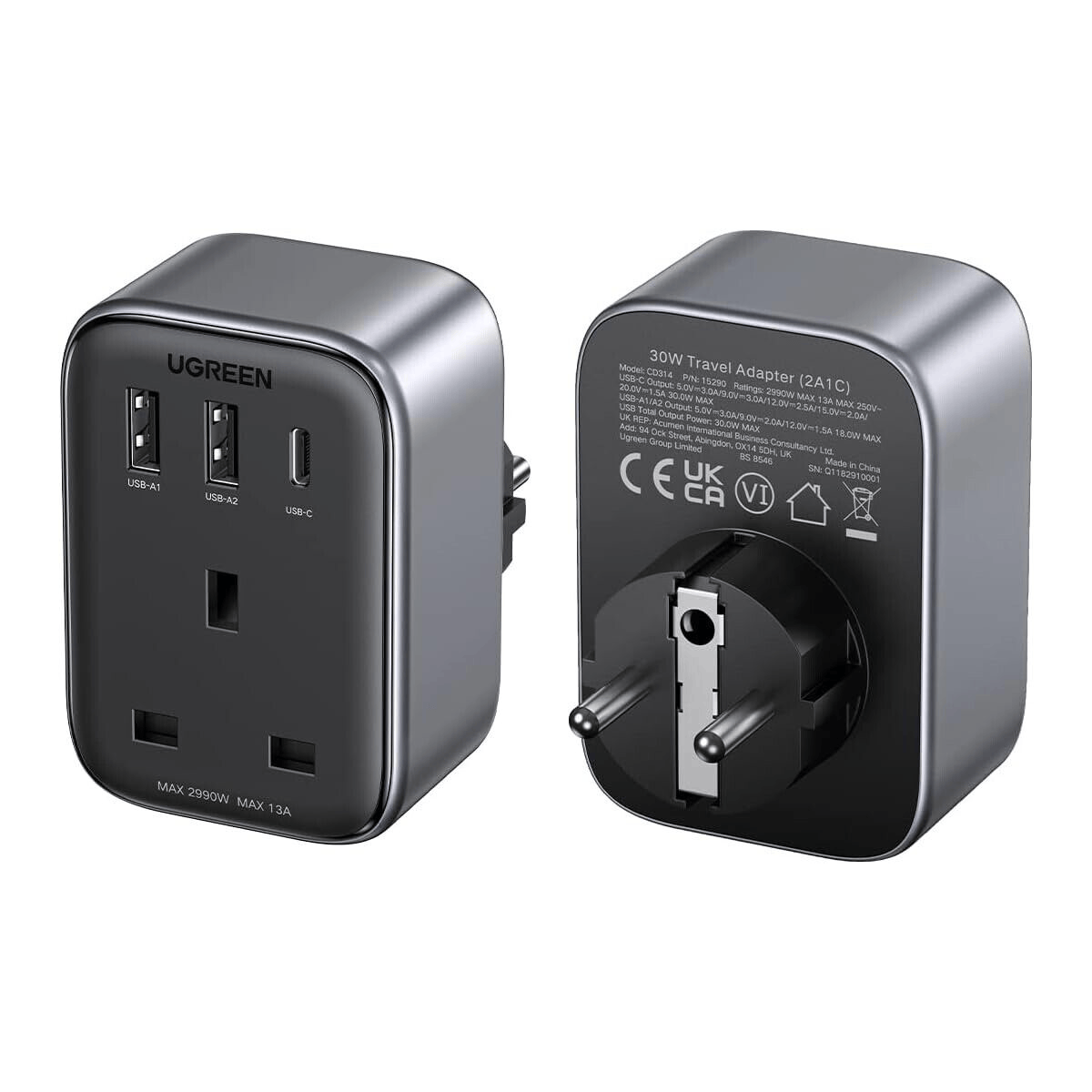 15290| UGREEN - Outlet Extender Converter (1 AC Outlets+30W 2A1C) EU Socket and UK Plug - متجر نصر