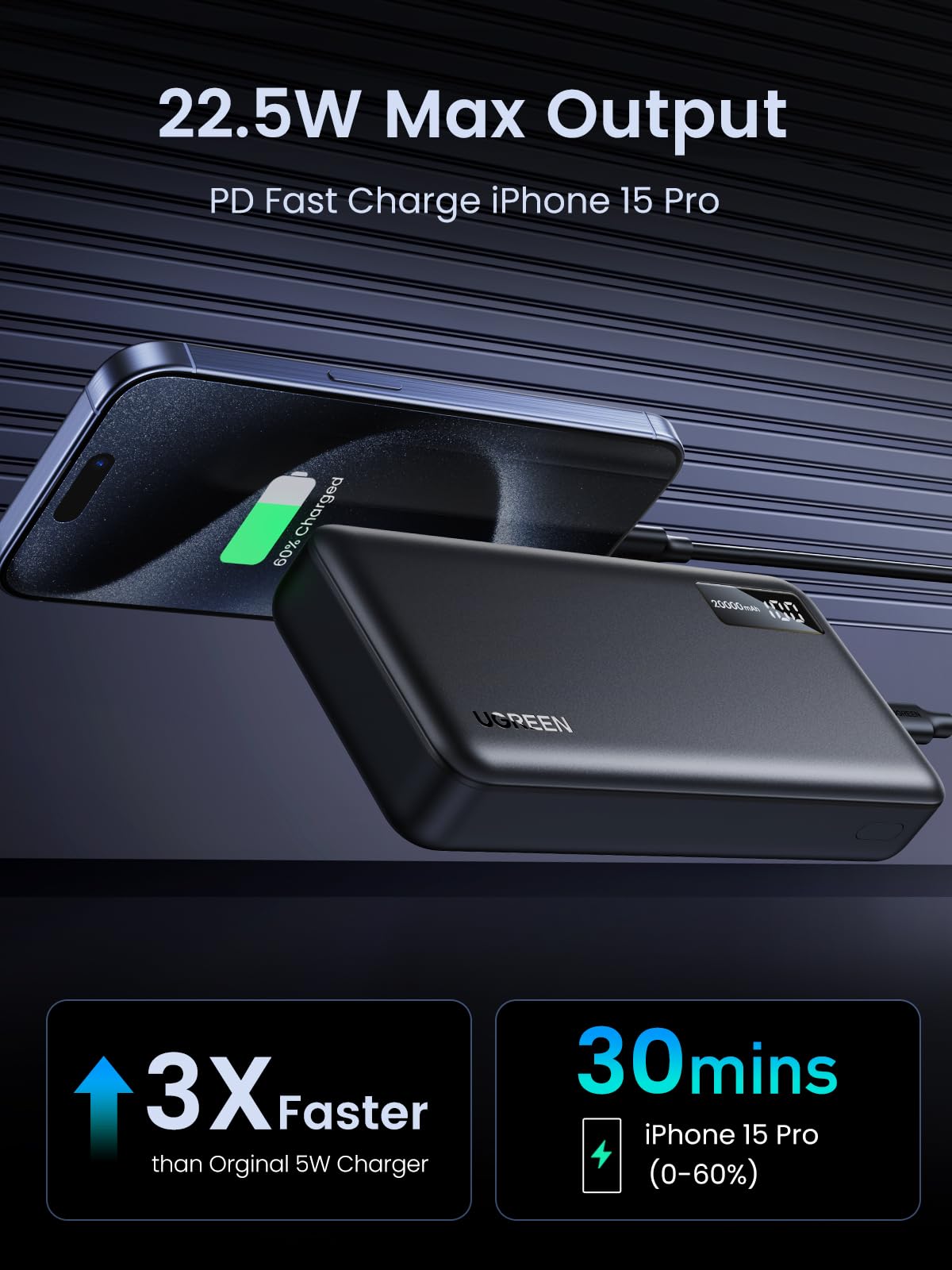 UGREEN-C Power Bank 20000mAh 22.5W Two-way Fast Charging with Digital Display Black | PB312 - Acc - متجر نصر