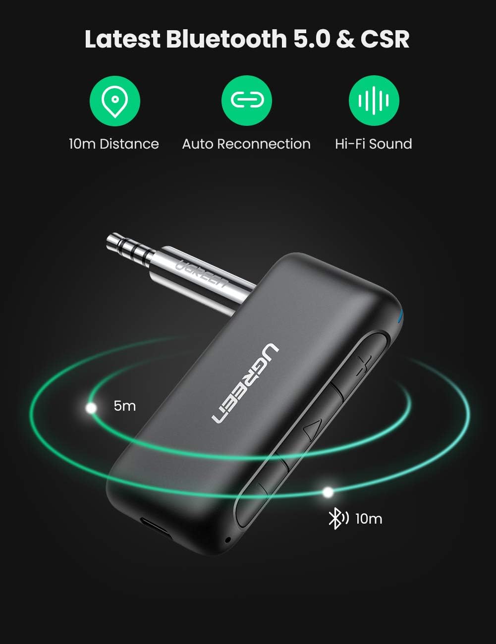UGREEN-C Bluetooth 5.0 Receiver Car Aux Adapter with Built-in Mic Black | CM276 - Acc - متجر نصر