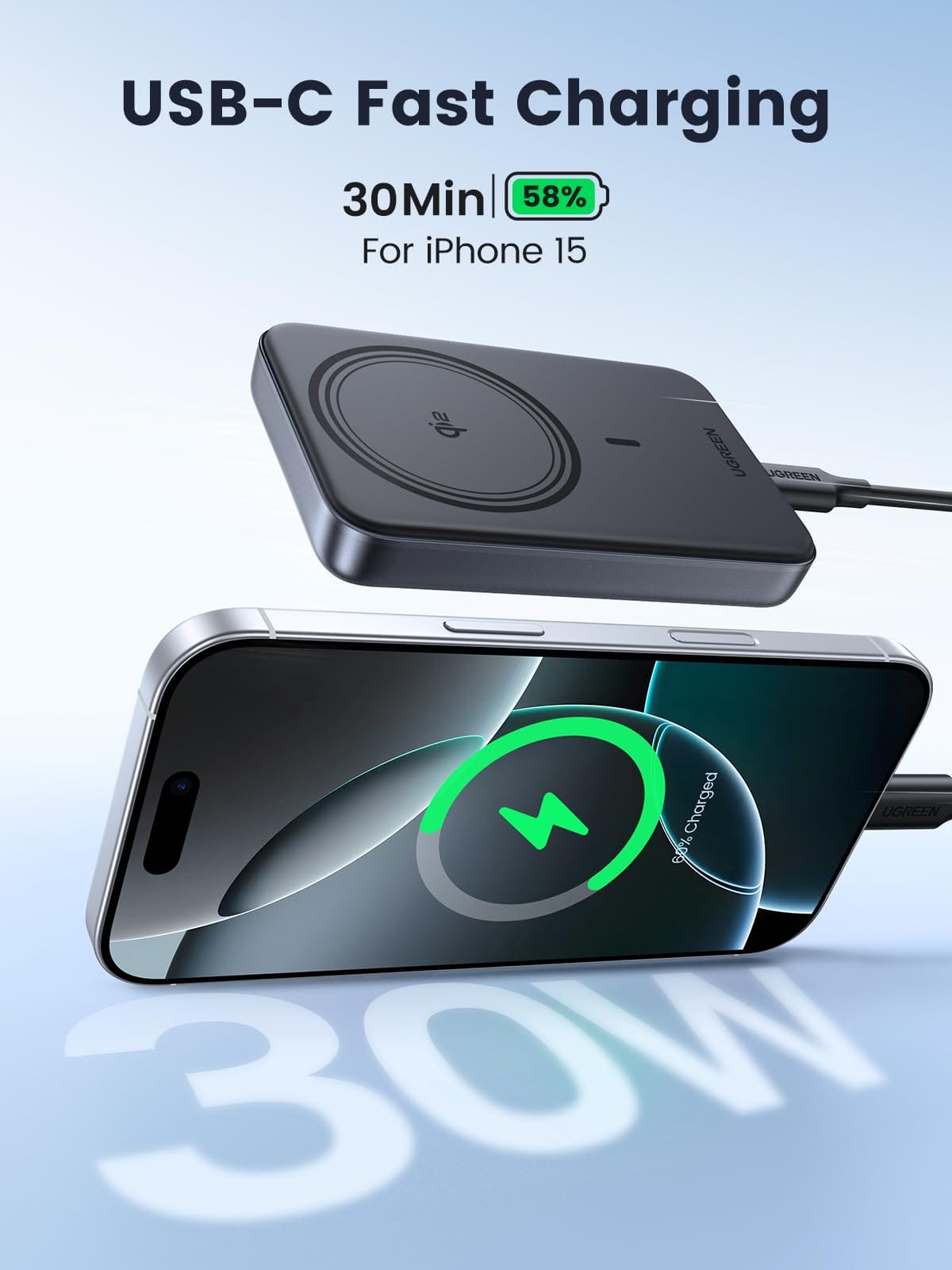 UGREEN-C Qi2 Magnetic Wireless Power Bank 10000mAh 15W Wireless 30W USB-C Gray | PB761 - Acc - متجر نصر