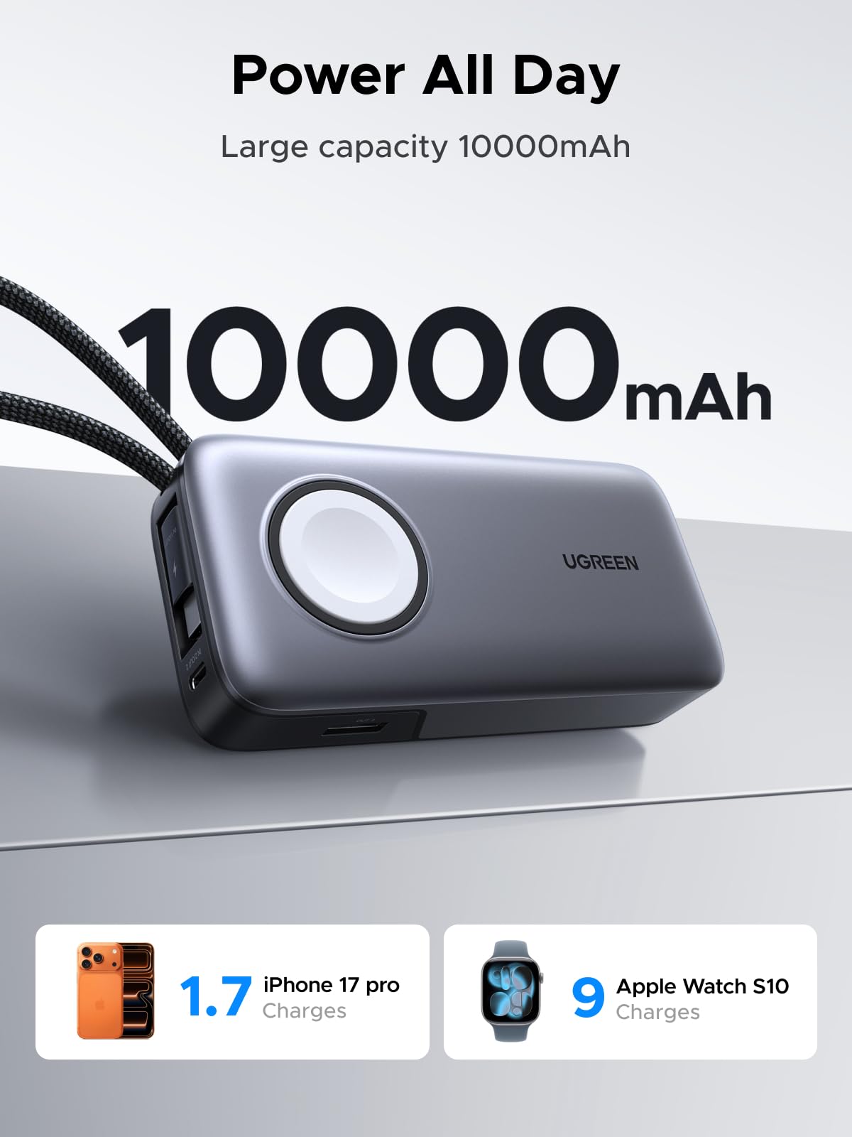 UGREEN-C Power Bank 10000mAh 30W with Magnetic Apple Watch Charger and Built-in USB-C Cable Gray | PB527 - Acc - متجر نصر