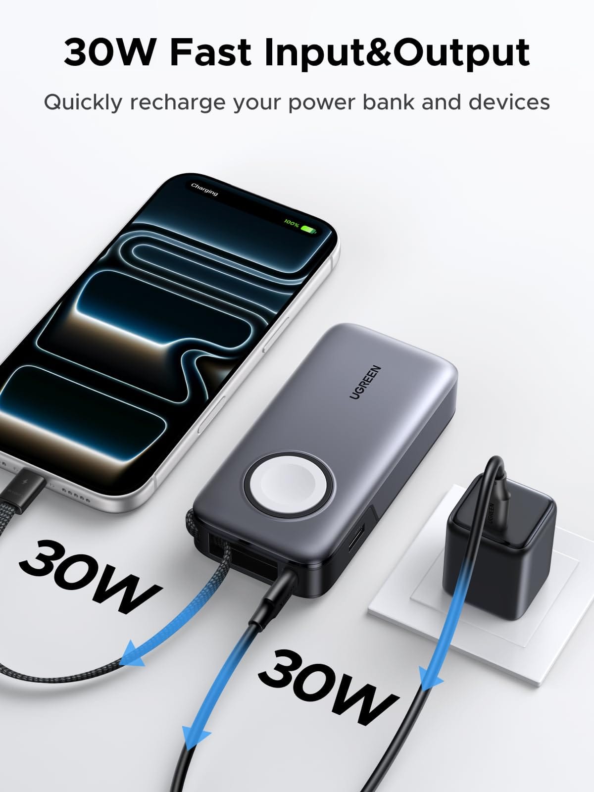UGREEN-C Power Bank 10000mAh 30W with Magnetic Apple Watch Charger and Built-in USB-C Cable Gray | PB527 - Acc - متجر نصر