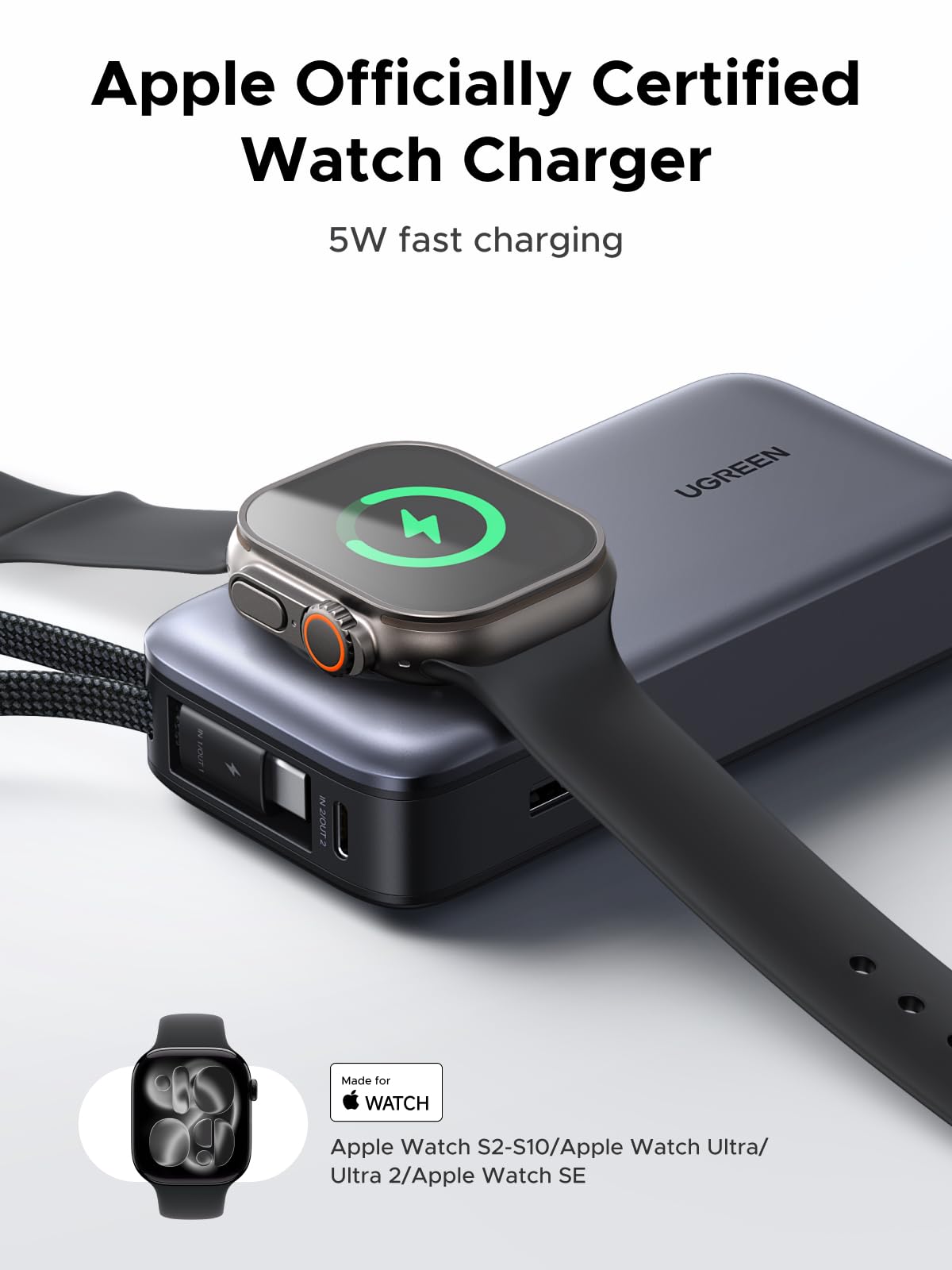UGREEN-C Power Bank 10000mAh 30W with Magnetic Apple Watch Charger and Built-in USB-C Cable Gray | PB527 - Acc - متجر نصر