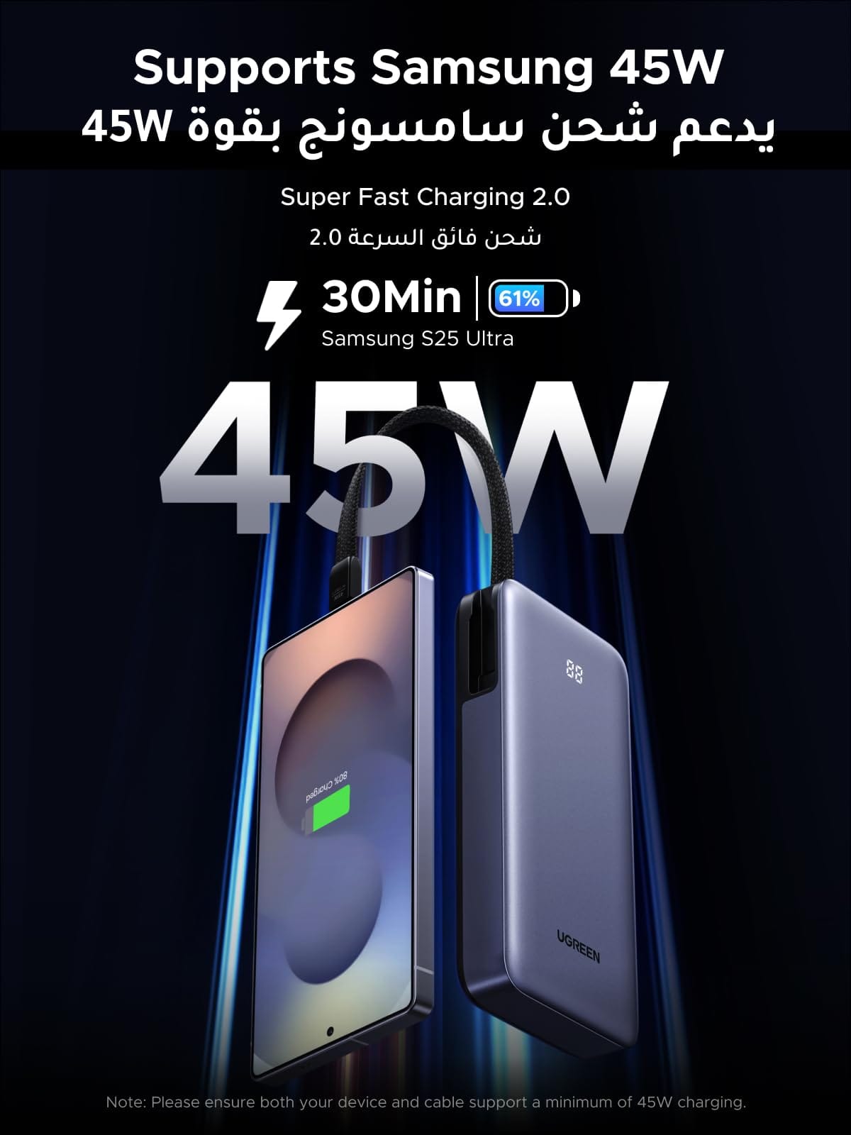 UGREEN-C Nexode Power Bank 20000mAh 45W with Built-in USB-C Cable Gray | PB536 - Acc - متجر نصر
