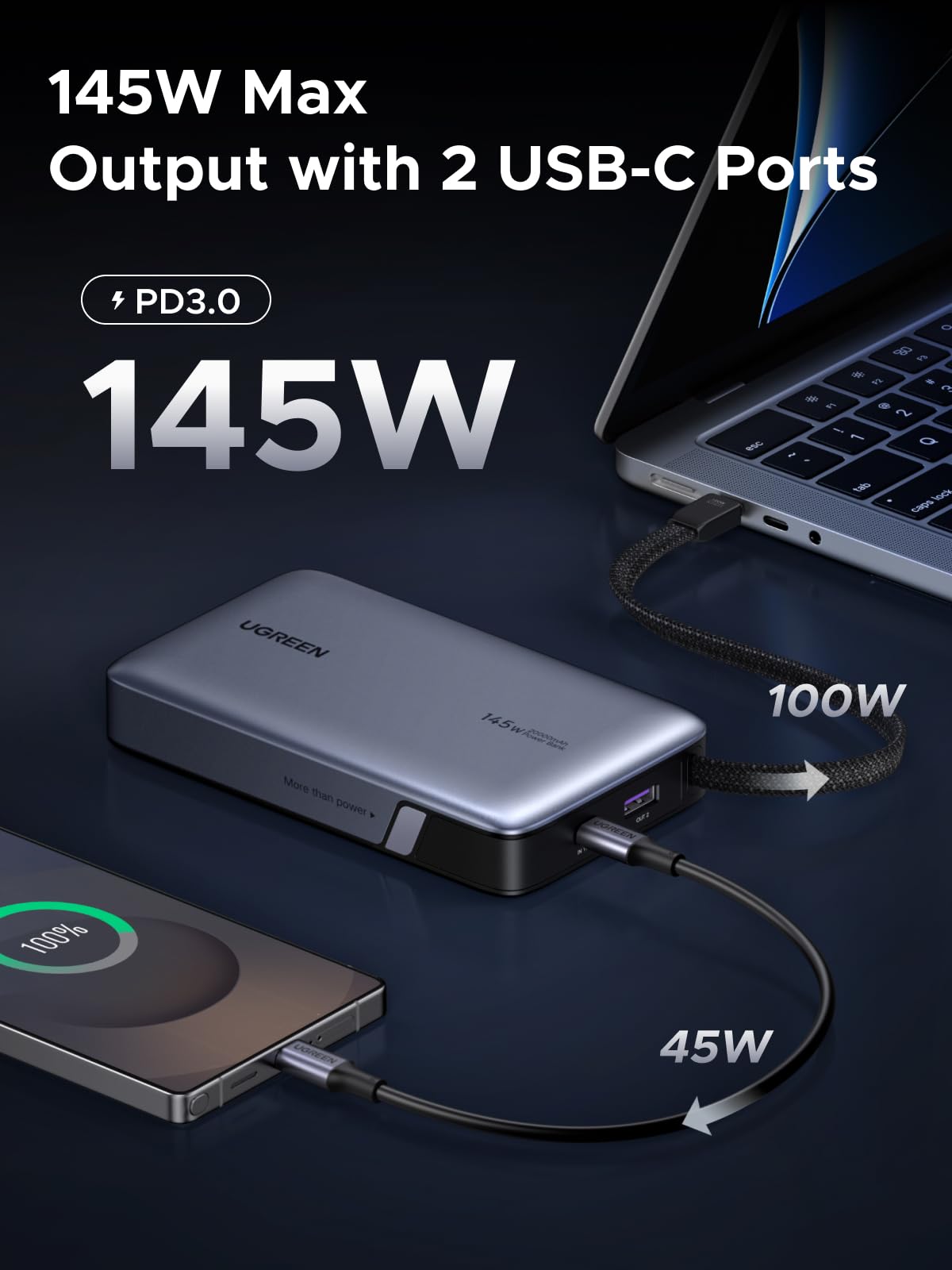 UGREEN-C Nexode Power Bank 20000mAh 145W with Built-in USB-C Cable Gray | PB551 - Acc - متجر نصر