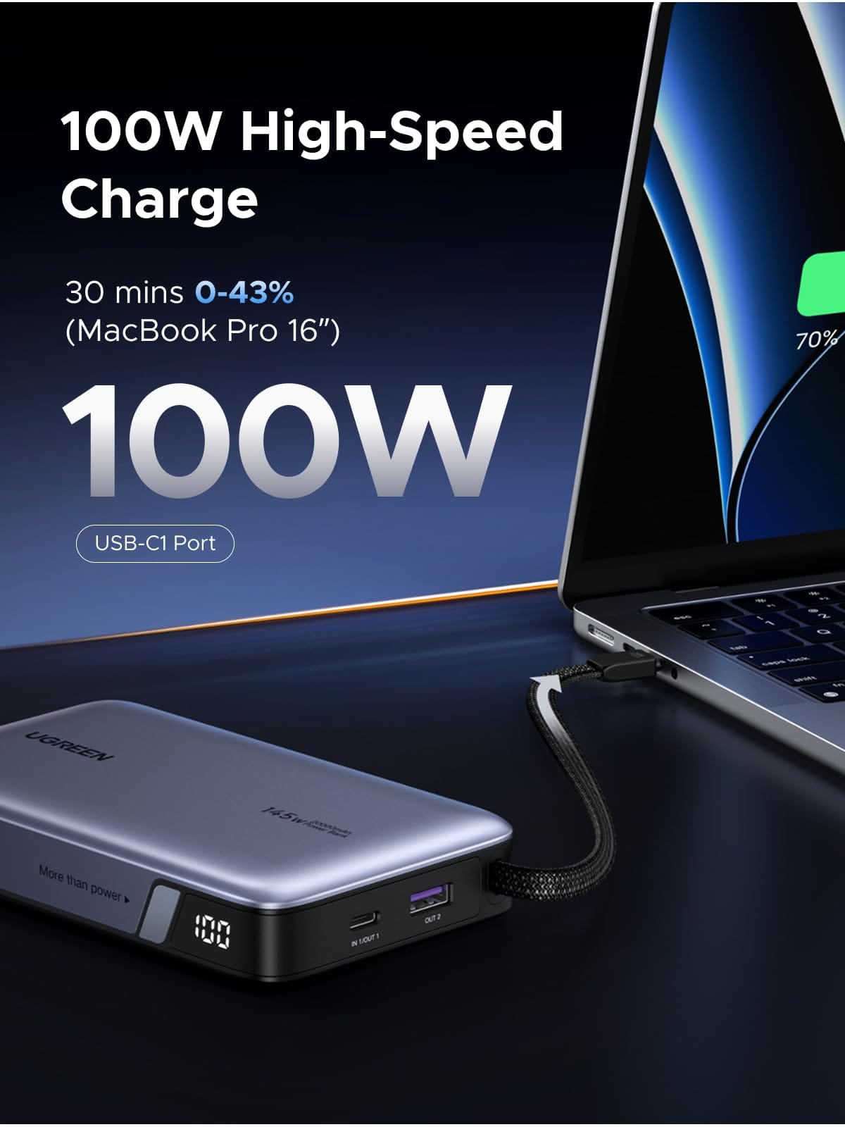 UGREEN-C Nexode Power Bank 20000mAh 145W with Built-in USB-C Cable Gray | PB551 - Acc - متجر نصر