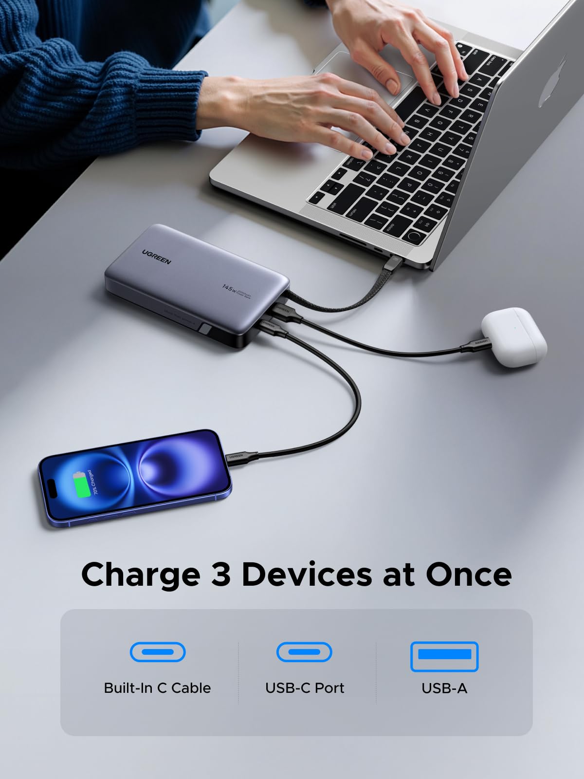 UGREEN-C Nexode Power Bank 20000mAh 145W with Built-in USB-C Cable Gray | PB551 - Acc - متجر نصر