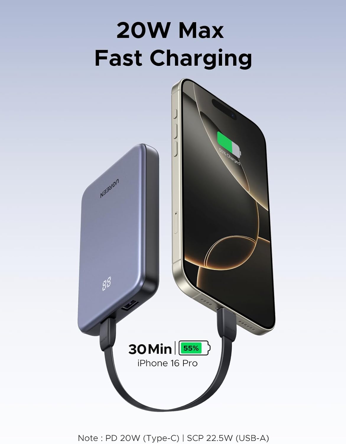 UGREEN-C Zapix Power Bank 10000mAh 20W Two-way Fast Charging with Digital Display Gray | PB507 - Acc - متجر نصر