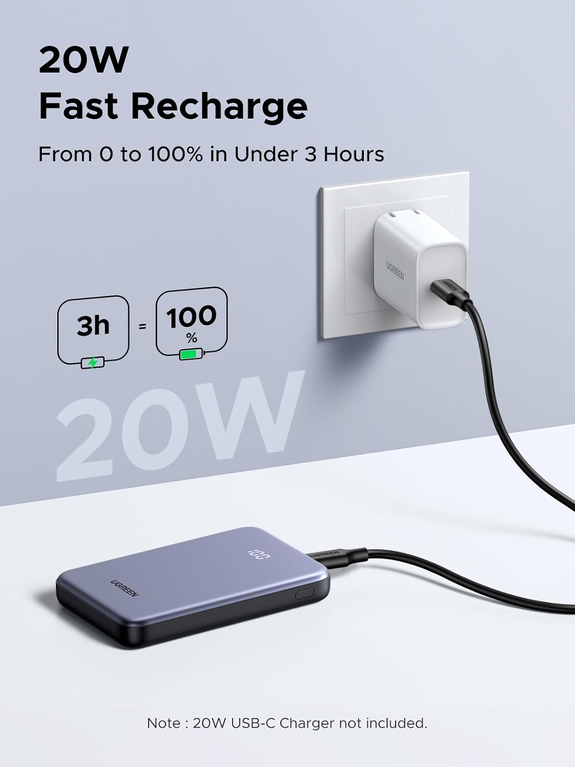 UGREEN-C Zapix Power Bank 10000mAh 20W Two-way Fast Charging with Digital Display Gray | PB507 - Acc - متجر نصر