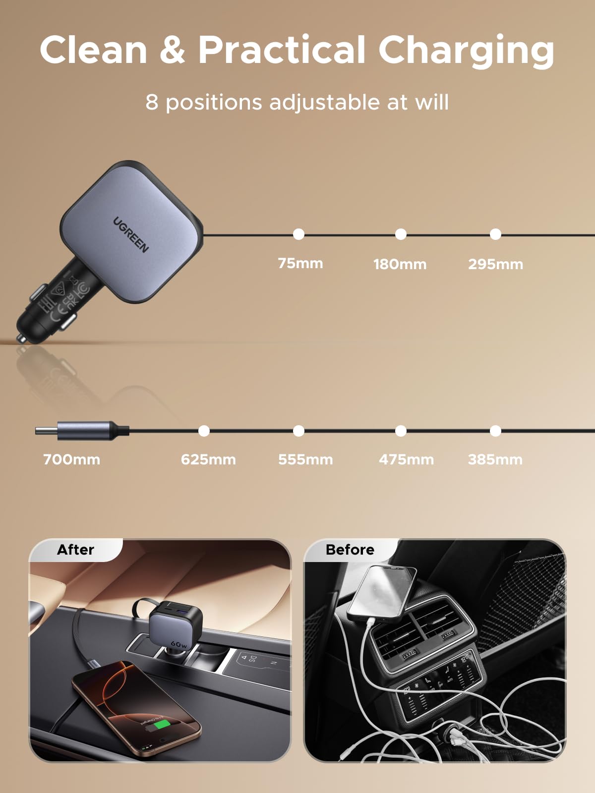 UGREEN-C Nexode Car Charger 60W with Retractable USB-C Cable Space Gray | EC602 - Acc - متجر نصر