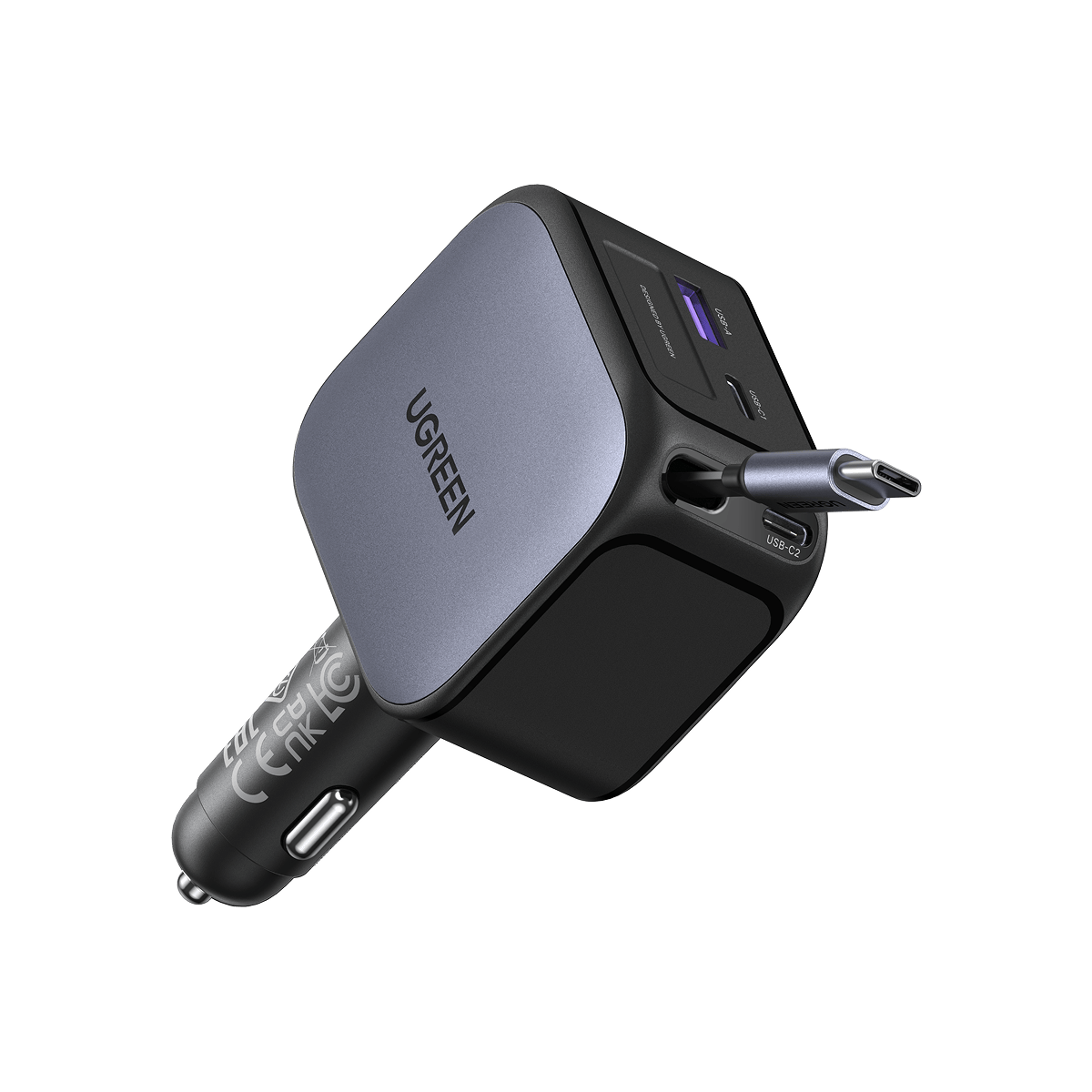 UGREEN-C Nexode Car Charger 145W 4-Port with Retractable USB-C Cable Space Gray | EC604 - Acc - متجر نصر
