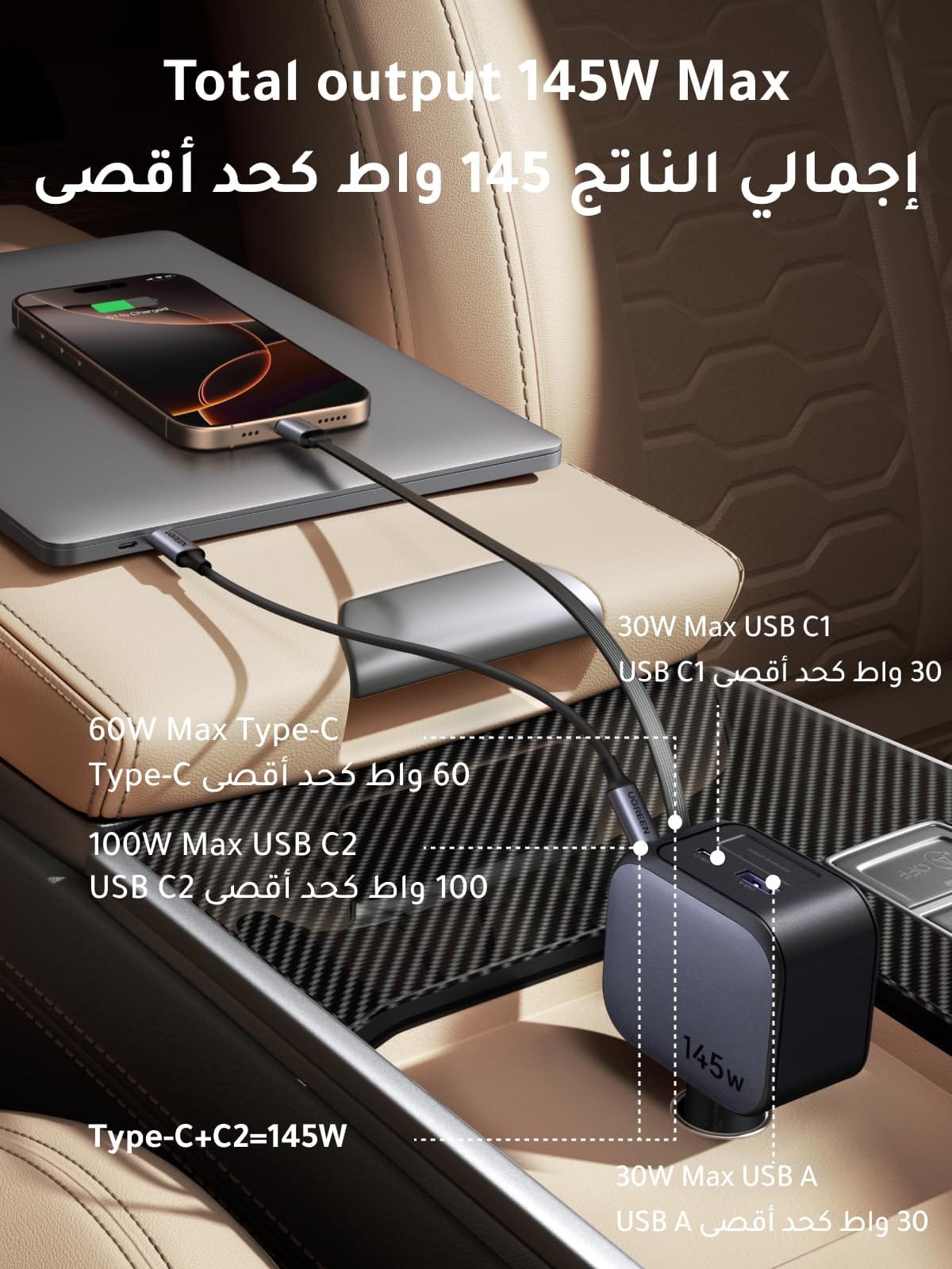 UGREEN-C Nexode Car Charger 145W 4-Port with Retractable USB-C Cable Space Gray | EC604 - Acc - متجر نصر