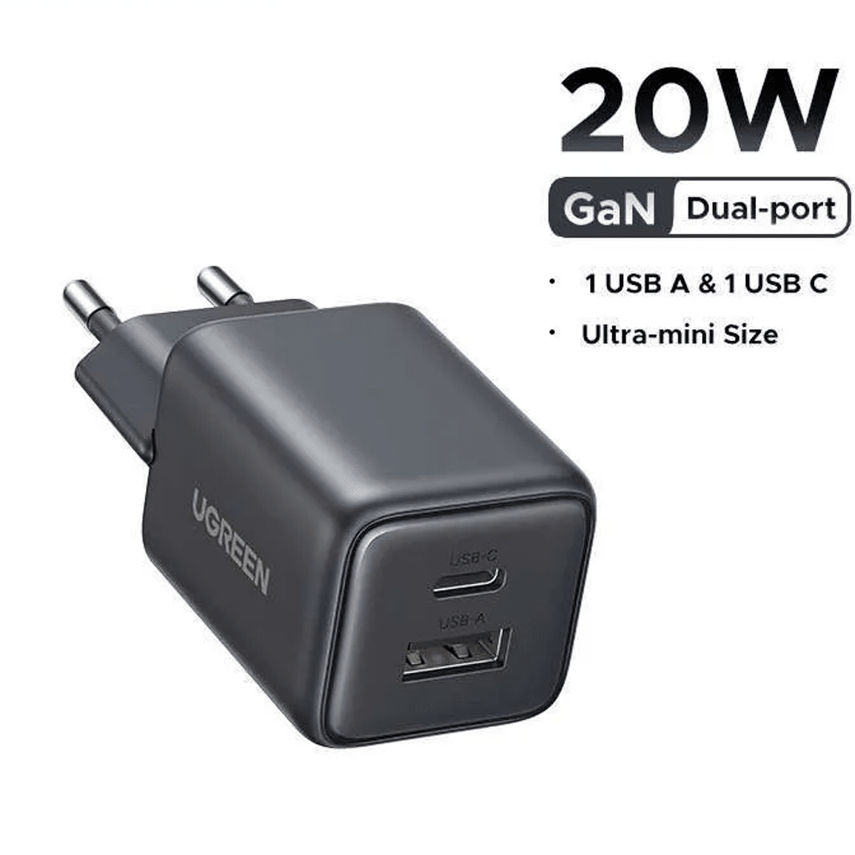 UGREEN 20W 2-Port GaN Fast Charger EU (Black) / X514 - 65737 - متجر نصر