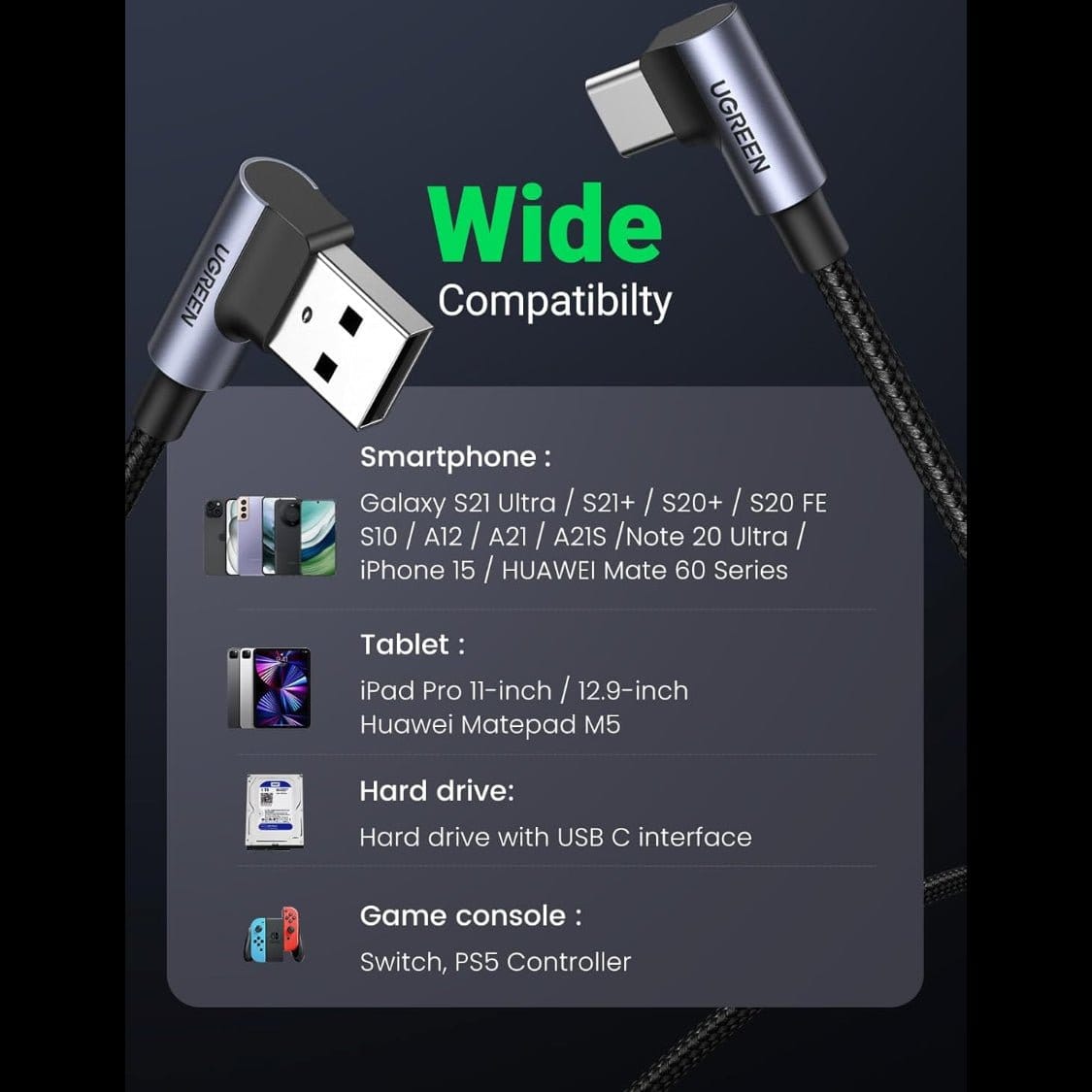 كابل بيانات UGREEN بزاوية من USB-C ذكر إلى USB 2.0 A ذكر بزاوية 3 أمبير (زاوية 90 درجة) / US176 - متجر نصر