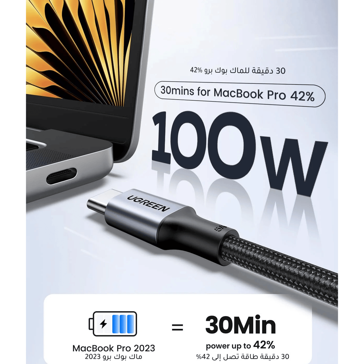 UGREEN Braided 100W Power Delivery PD Super Fast Charge Cable USB C to Type-C | 2M | 70429 - متجر نصر