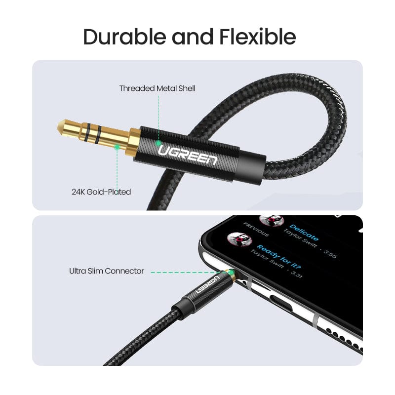 UGREEN-C 3.5mm Male to Male AUX Cable Gold Plated Metal Case with Braid | AV112 - Acc - متجر نصر