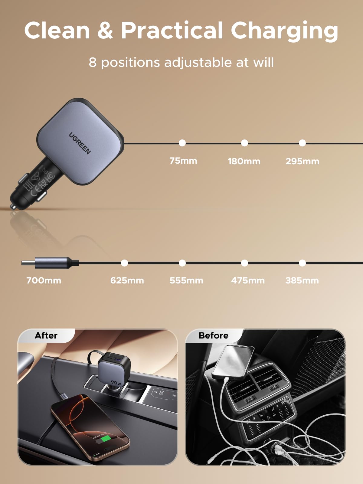 UGREEN-C Nexode Car Charger 90W with Retractable USB-C Cable | EC603 - Acc - متجر نصر