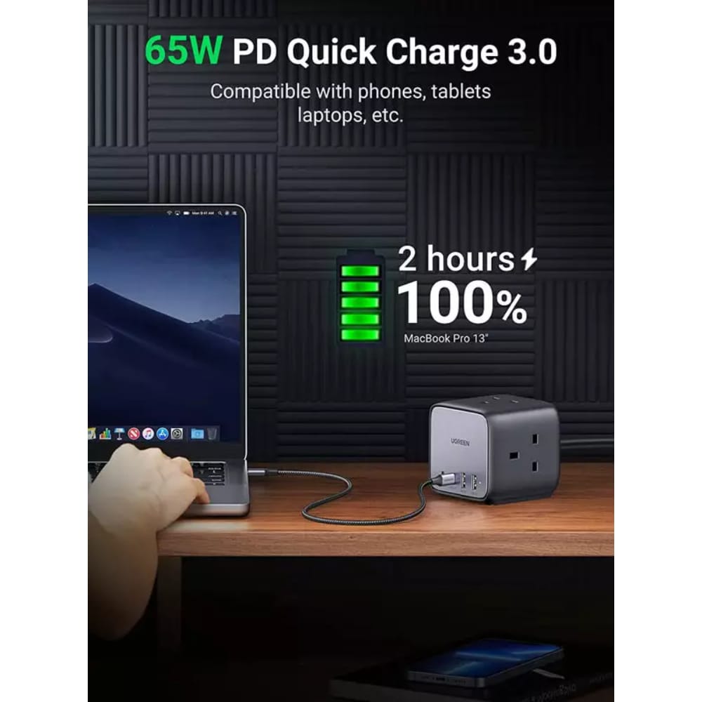 UGREEN DigiNest Cube Power Strip (3 AC Outlets + 65W 2A2C) EU Black | 60113 - متجر نصر