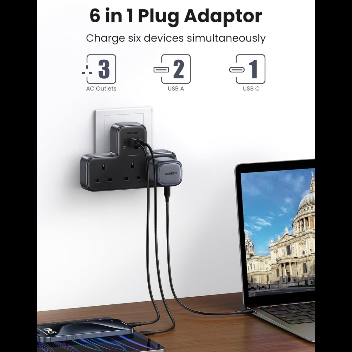 UGREEN DigiNest Power Strip (3 AC Outlets + 30W 2A1C) UK |15360 - متجر نصر