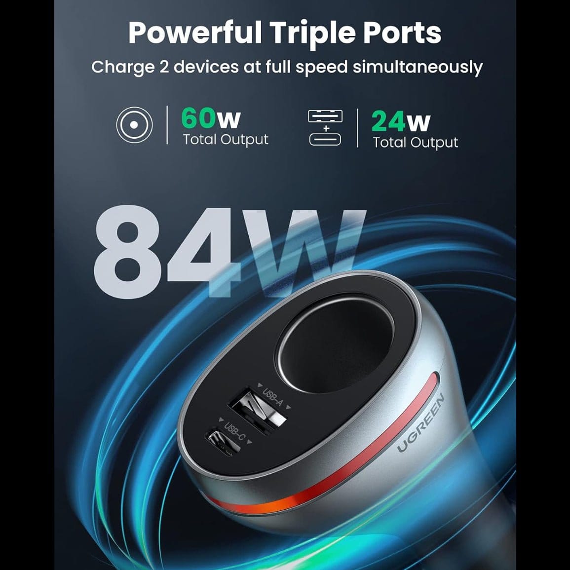 شاحن سيارة UGREEN ثنائي المنافذ مع منفذ تمديد واحد بقدرة 84 واط بتقنية الشحن السريع PD | 60712 - متجر نصر