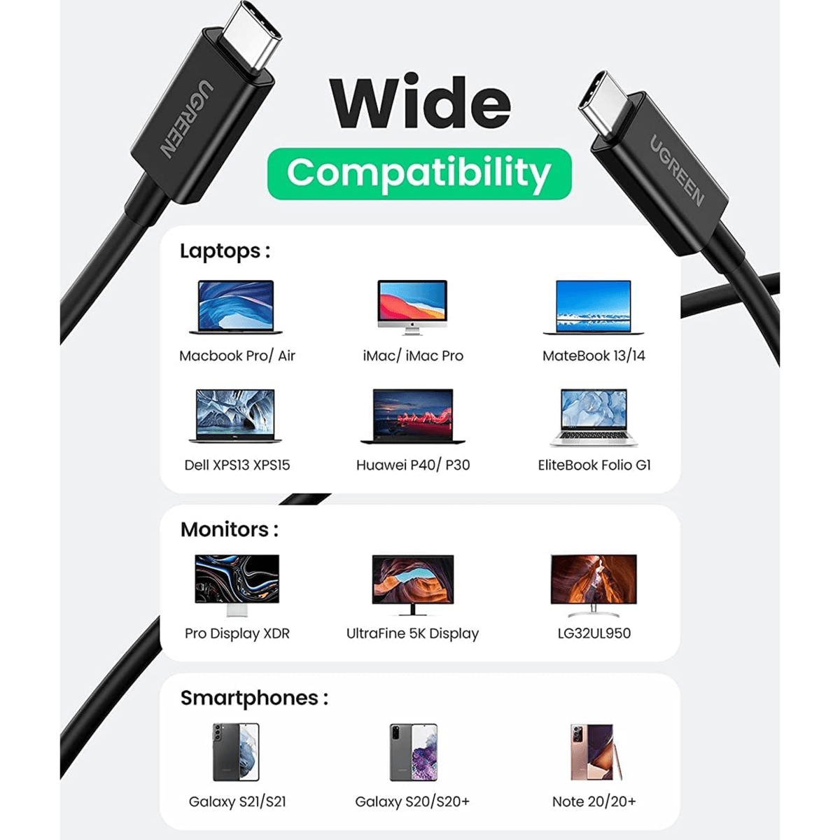 UGREEN Thunderbolt 4 Cable [Intel Certified], 100W USB C to USB C Charger Cable Fast Charging / 30389 - متجر نصر