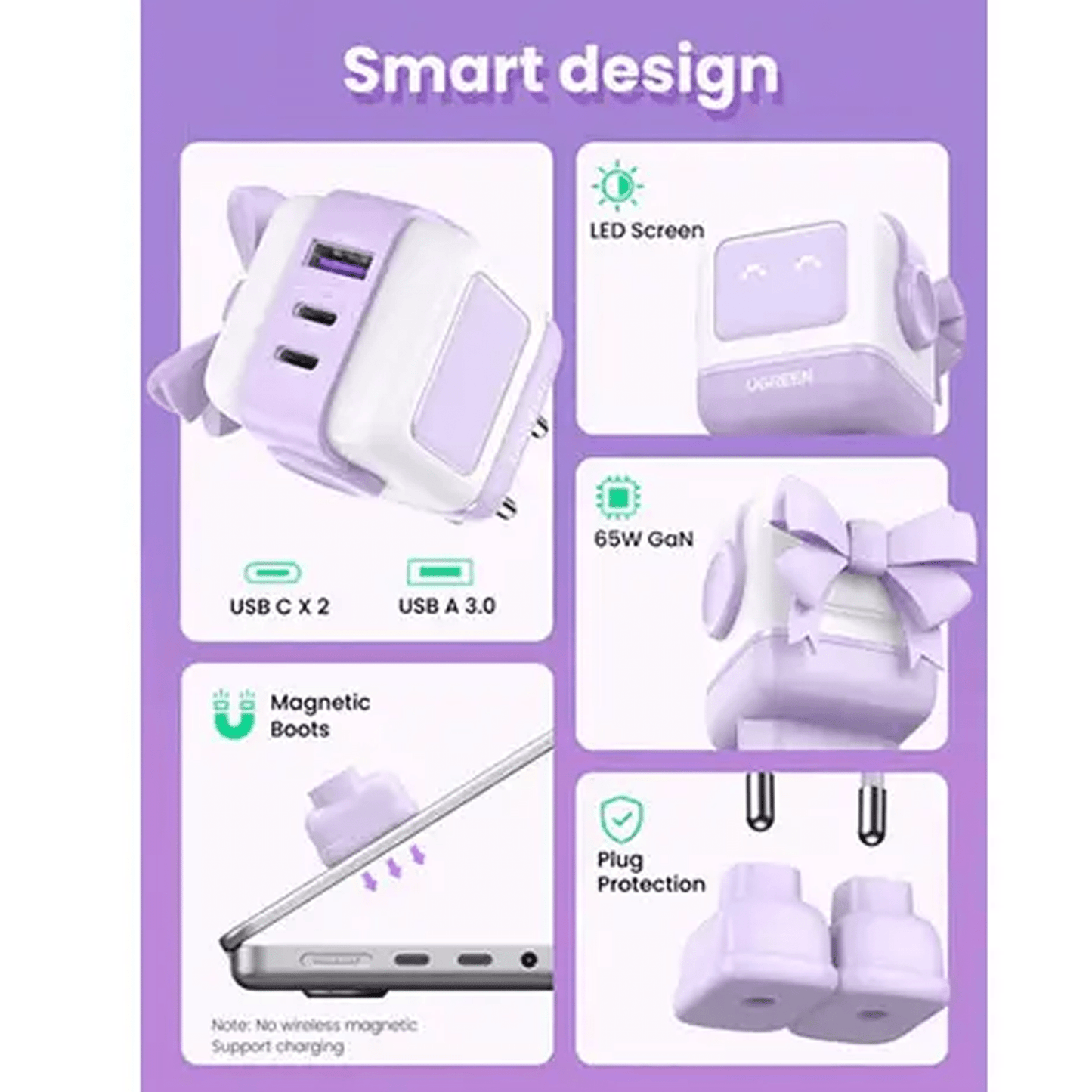شاحن سريع بقوة 65 واط  بثلاثة منافذ لون بنفسجي |Robot.Uno.Purple.CD361.35291(EU) - متجر نصر