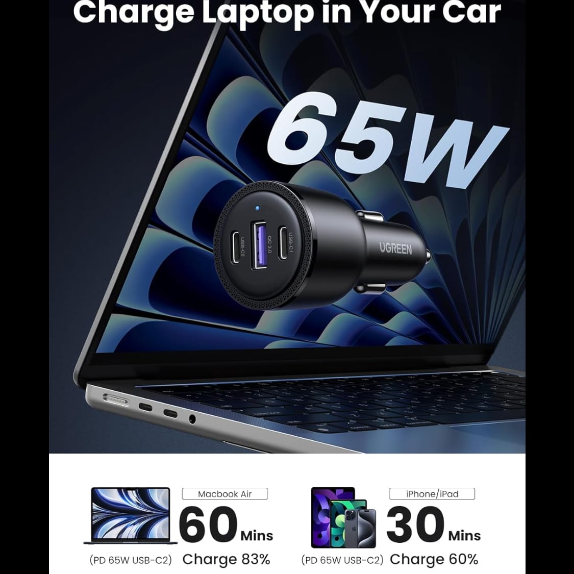 شاحن سيارة USB C ثلاثي المنافذ من يوجرين بقوة 69 وات | 20467 - متجر نصر