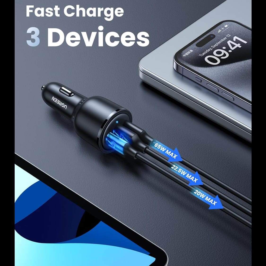 شاحن سيارة USB C ثلاثي المنافذ من يوجرين بقوة 69 وات | 20467 - متجر نصر