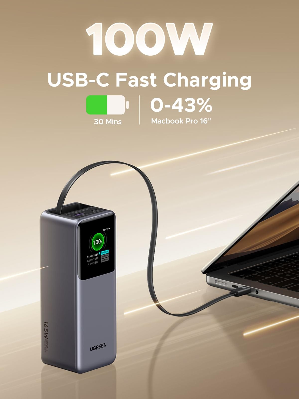 UGREEN-C Nexode Power Bank 20000mAh 165W with Retractable USB-C Cable Gray | PB726 - Acc - متجر نصر