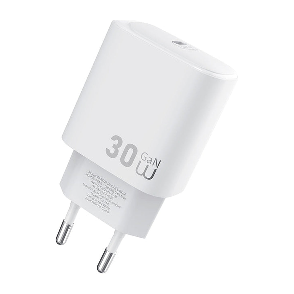 شاحن جداري سريع WiWU Essen بقوة 30W بتقنية GaN ومنفذ USB-C، منفذ واحد، قابس EU، أبيض | Wi-G008 - متجر نصر