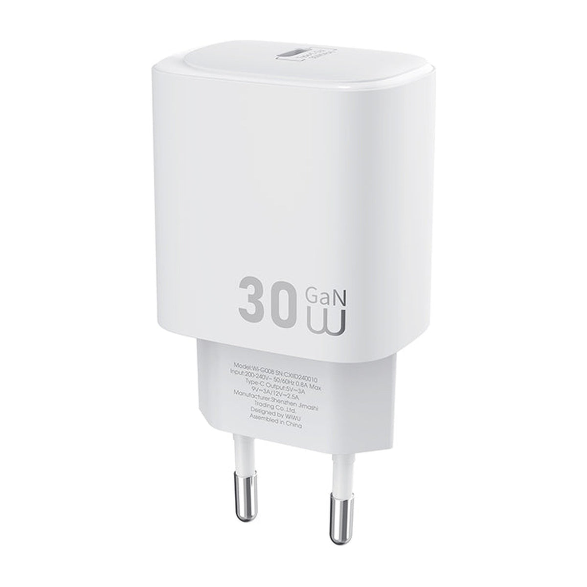 شاحن جداري سريع WiWU Essen بقوة 30W بتقنية GaN ومنفذ USB-C، منفذ واحد، قابس EU، أبيض | Wi-G008 - متجر نصر