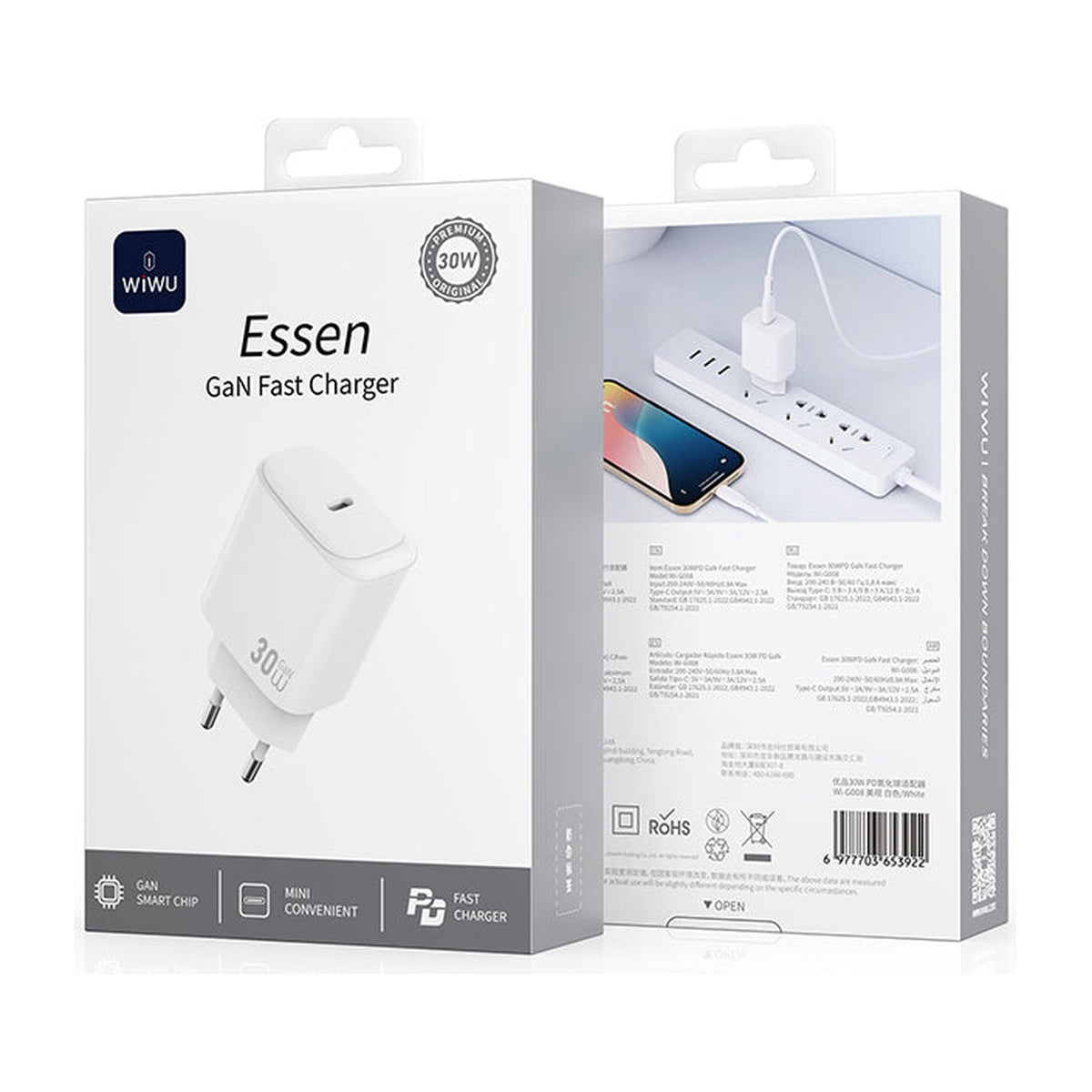 شاحن جداري سريع WiWU Essen بقوة 30W بتقنية GaN ومنفذ USB-C، منفذ واحد، قابس EU، أبيض | Wi-G008 - متجر نصر
