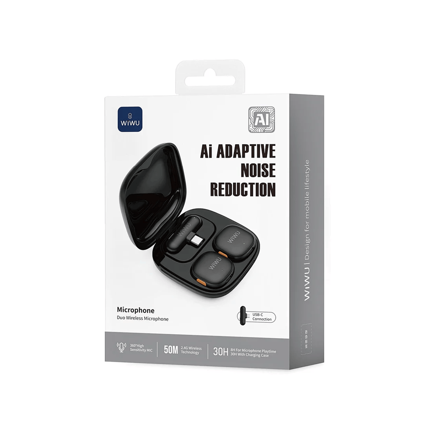 WiWU Wi-WM006 AI Powered Noise Cancelling Lavalier Microphone, 30H Battery Type-C - متجر نصر