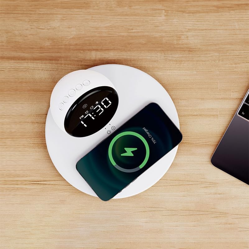 WIWU Wi-W017 15W Wireless Charger With Digital Alarm Clock And Bluetooth Speaker - White - متجر نصر